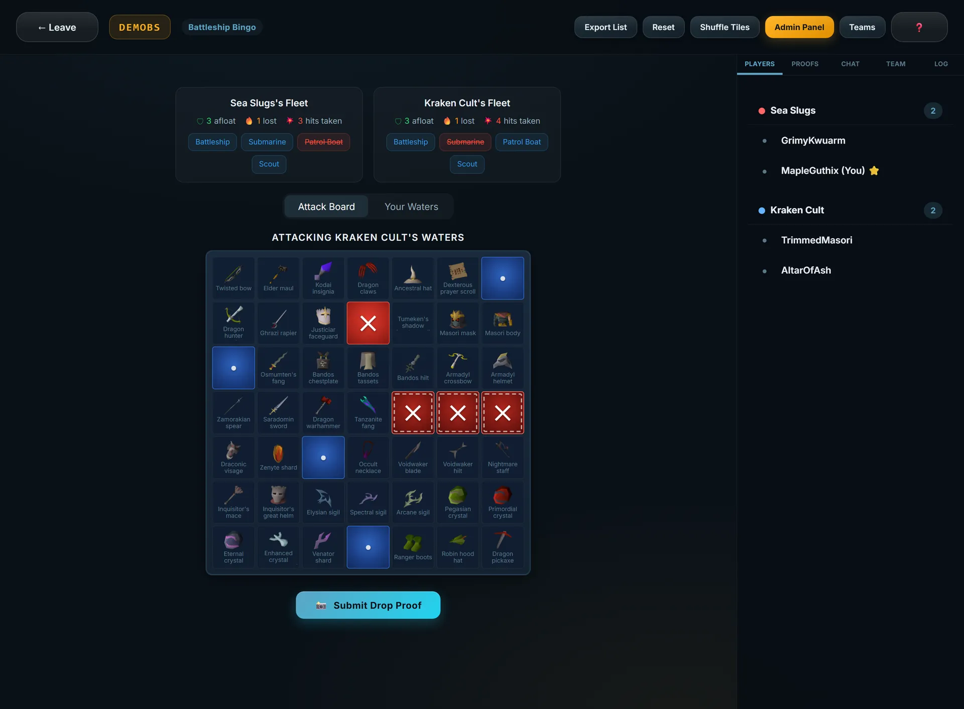 An OSRS Battleship Bingo room showing both teams' fleet status, an attack board of item tiles with hit and miss markers, and a sunk submarine.
