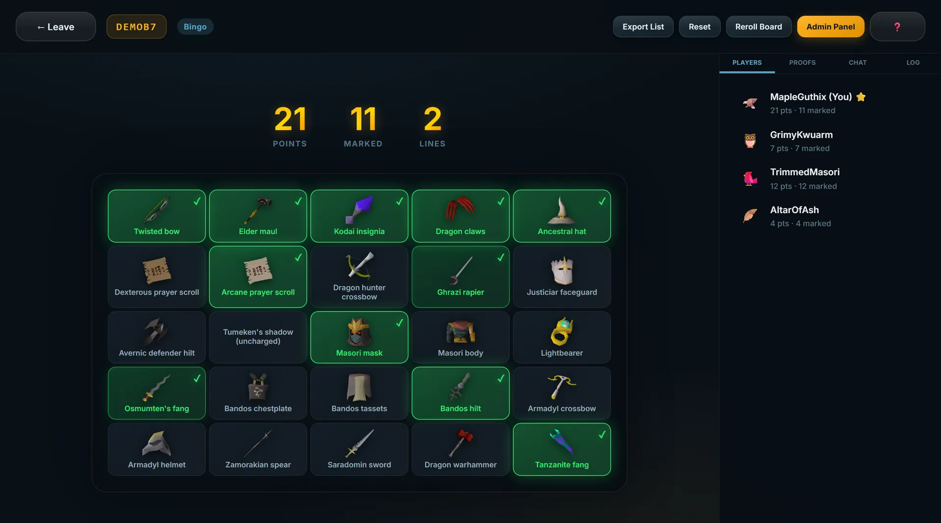 An OSRS bingo room on The Birdhouse showing a 5x5 board of item drops with eleven tiles marked green, 21 points, and a player leaderboard.